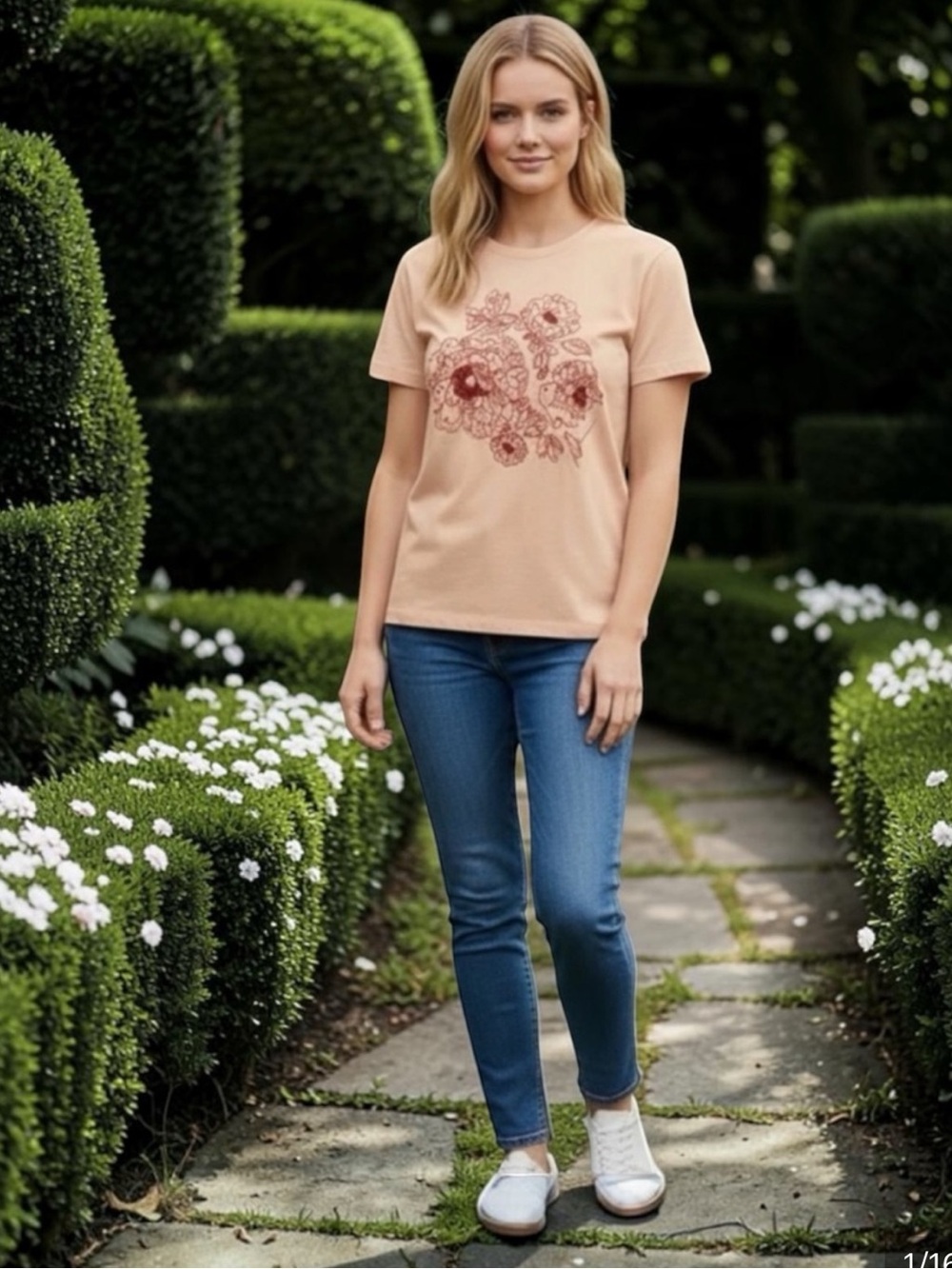 NWOT Donna Karan Peach Embroidery,Hand Beaded Short Sleeve Top     size Small